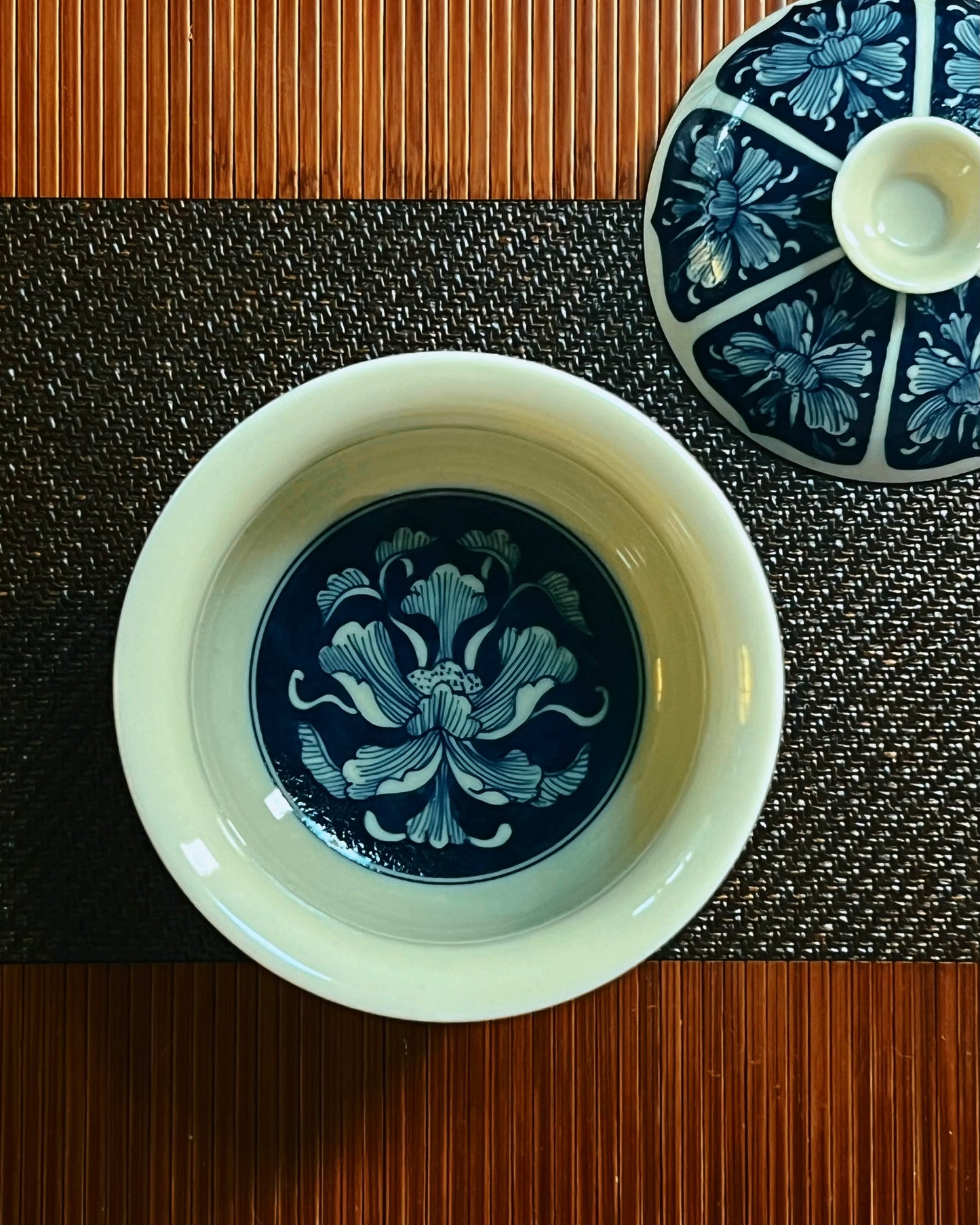Baoxiang lotus petal border in symmetrical arrangement encircling lower section of lidded bowl