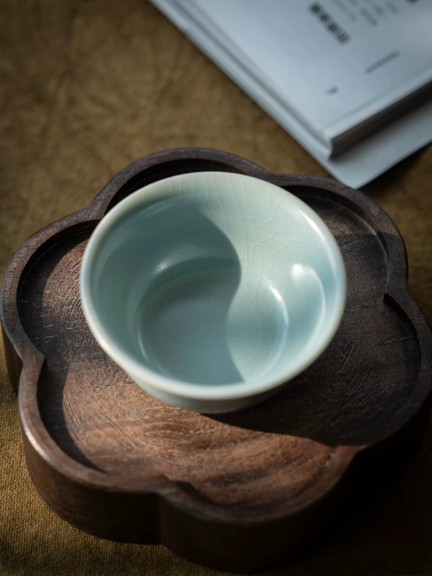 Small 80ml Ru Ware tea cup in pale celadon with crackled finish