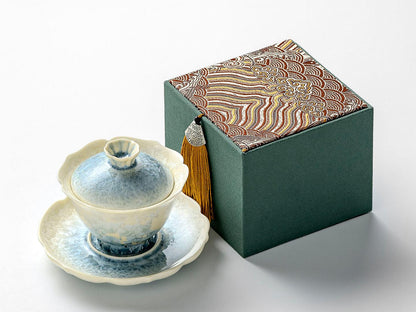 Tasse à thé / Théière / Service à thé en cristal glacé à fleurs, cuisson au four, glaçure cyan fumée