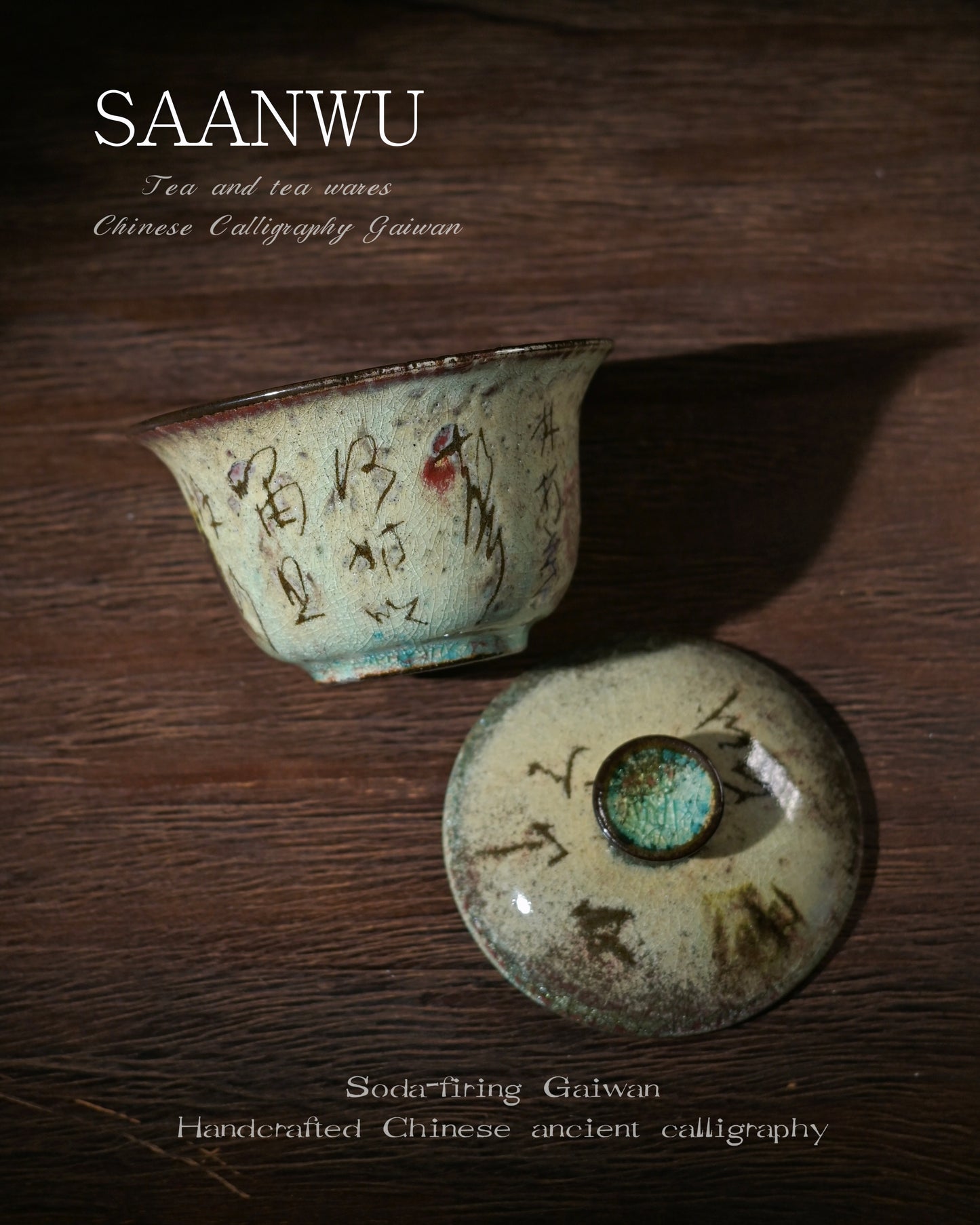 One of a kind SAANWU soda fired gaiwan, rustic mottled glaze, hand brush calligraphy, wabi sabi tea vessel for tea collectors