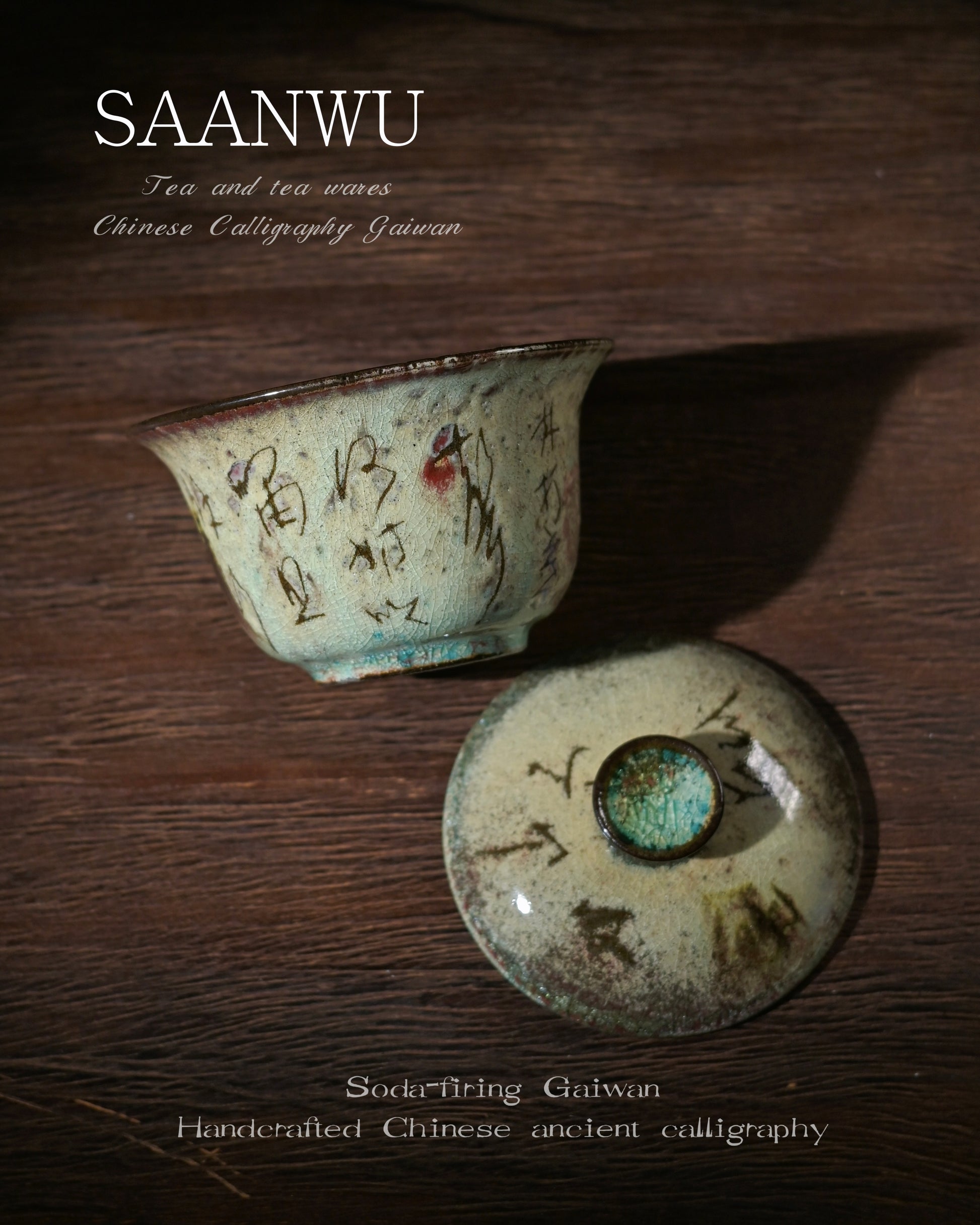 One of a kind SAANWU soda fired gaiwan, rustic mottled glaze, hand brush calligraphy, wabi sabi tea vessel for tea collectors