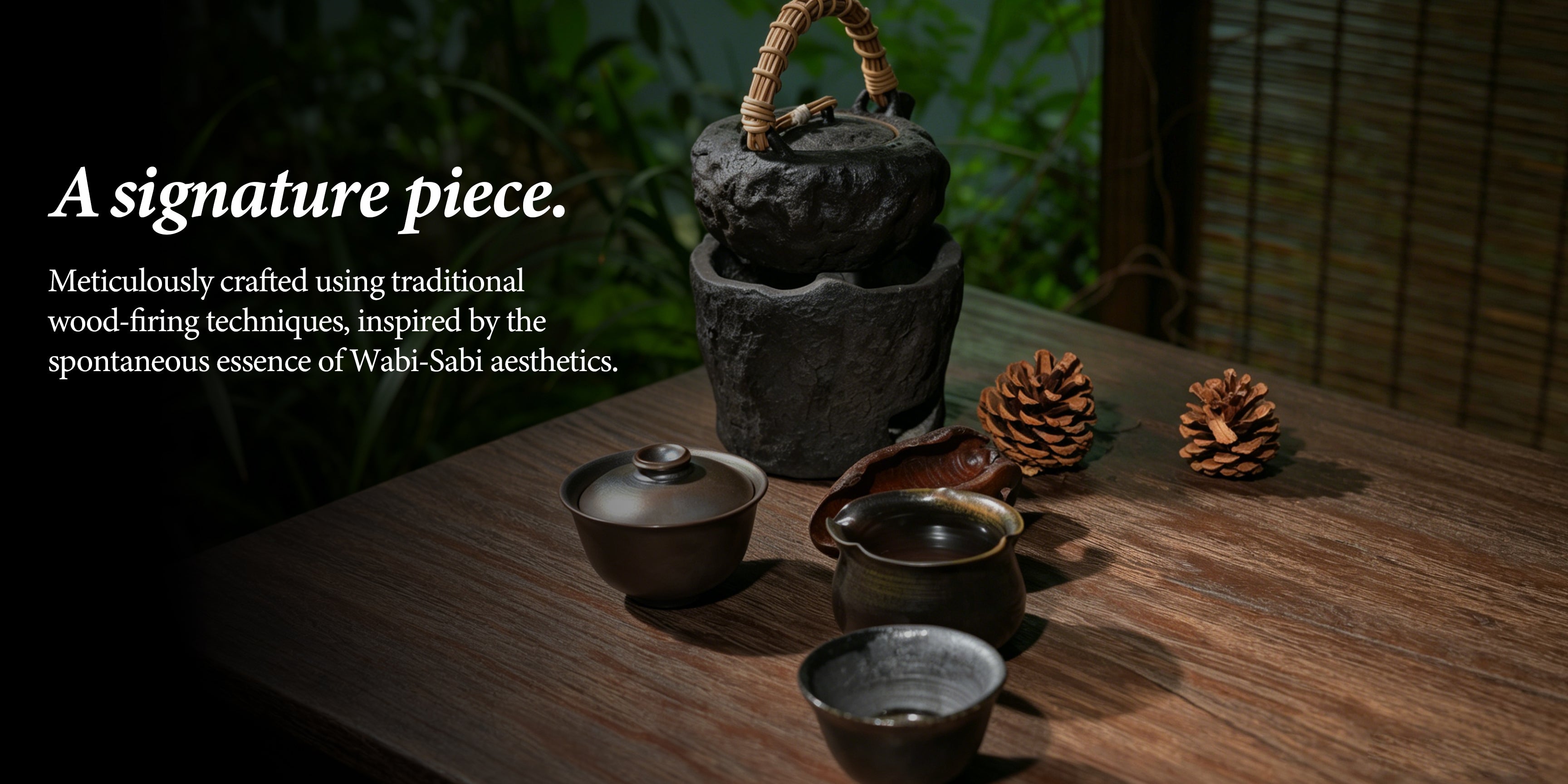 Banner for the Unique Wood-Fired Teaware Collection, featuring one-of-a-kind artisan teapots and gaiwans with natural kiln-change glazes and rustic wabi-sabi textures.
