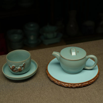 Top-down view of Ru kiln sky-blue Chi dragon cup showing smooth rounded rim and deep interior