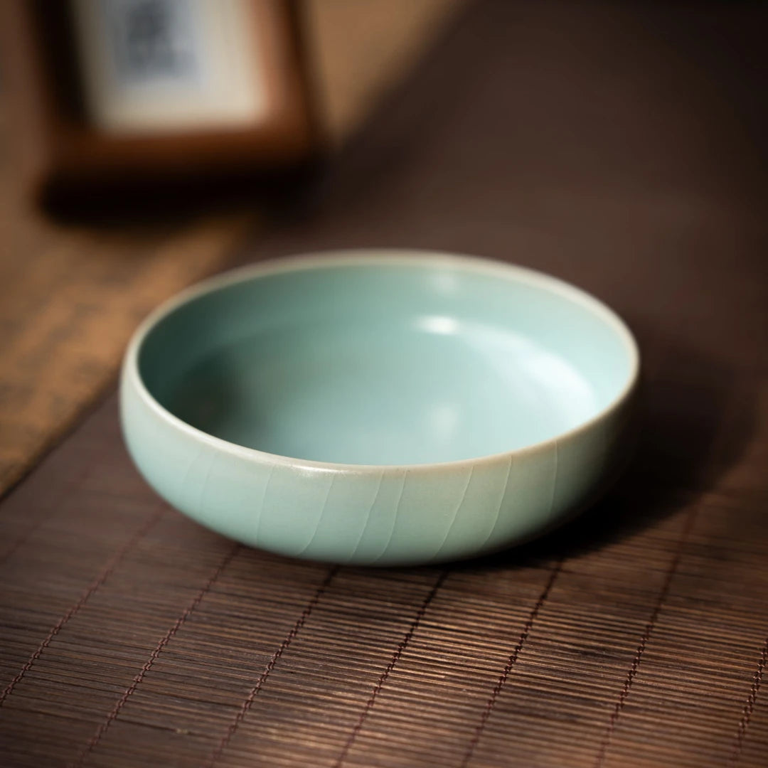 Interior detail of Ru Ware large cup showing smooth glaze and elegant willow leaf design