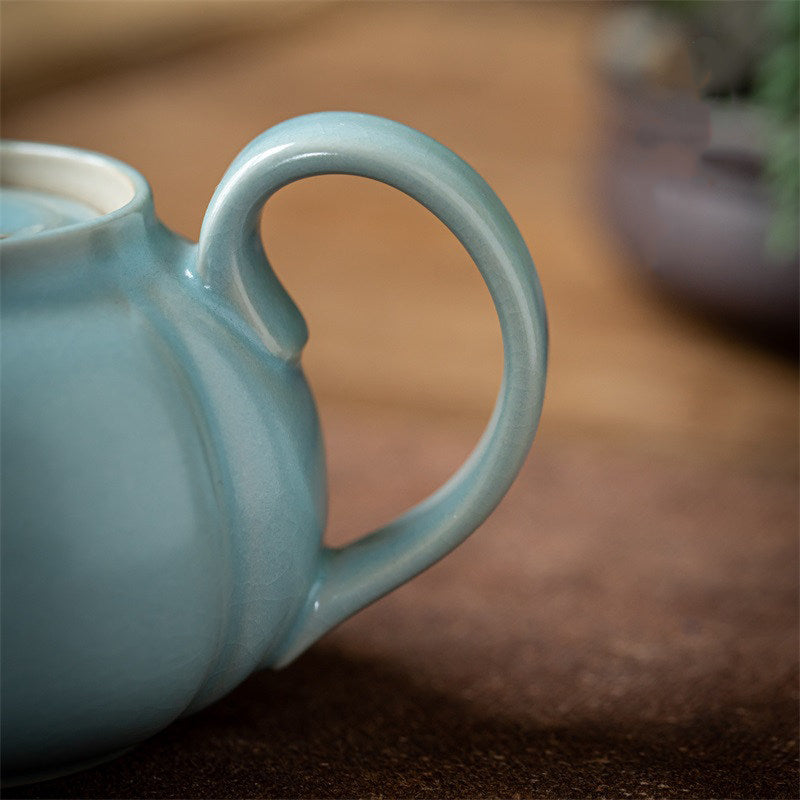 Authentic Song Dynasty style sky-blue Ru porcelain teapot with organic pumpkin lobed design