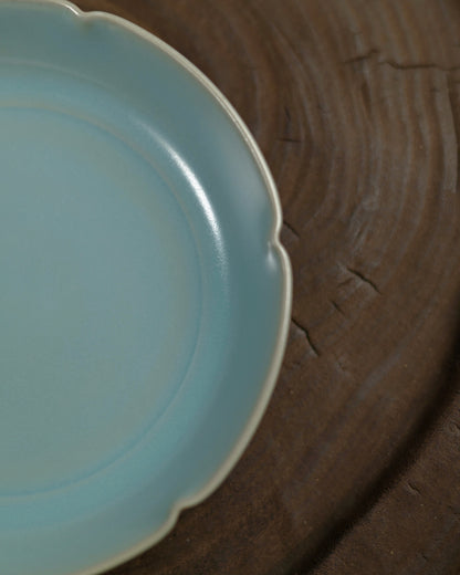 Close-up of the subtle sky-blue glaze with extremely fine crackle pattern characteristic of Ru ware