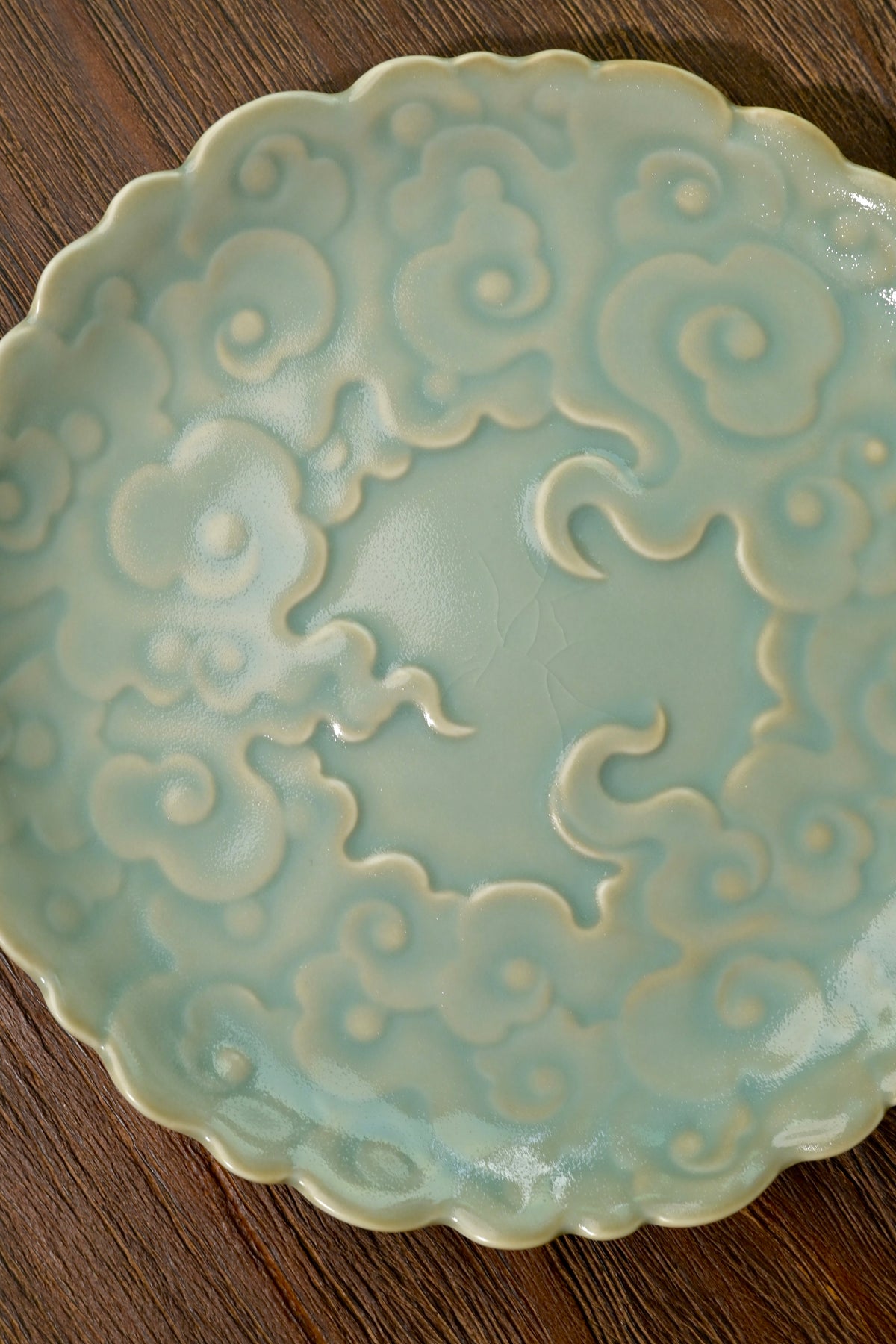 Handmade Ru Ware serving tray displaying jade-like matte glaze texture and micro crackle