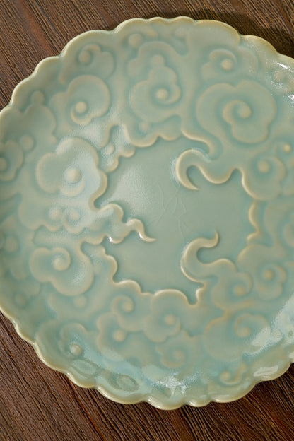 Handmade Ru Ware serving tray displaying jade-like matte glaze texture and micro crackle