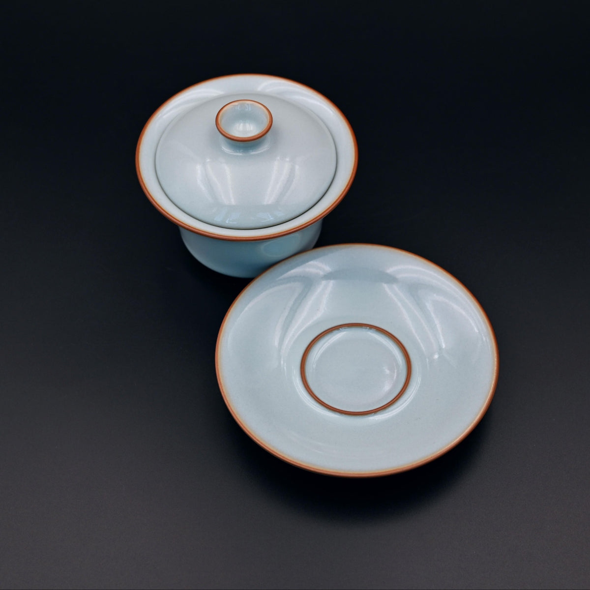 Heritage Ru porcelain gaiwan with sky-cyan agate-infused glaze, revived Northern Song Ru kiln craft for premium gongfu tea brewing