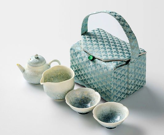 Artisan tea set with smoky cyan glaze, kiln-change crystal ice flower design