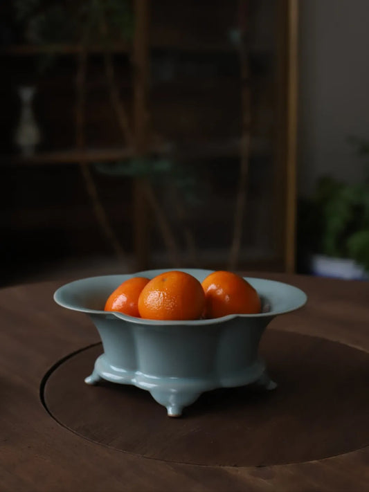 Traditional Chinese Ru Kiln sky blue flower shaped basin displaying jade-soft Tianqing glaze finish
