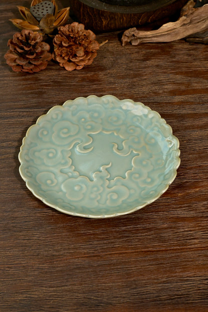 Artisanal sky-blue Ru porcelain cloud embossed teapot tray designed for tea ceremony presentation