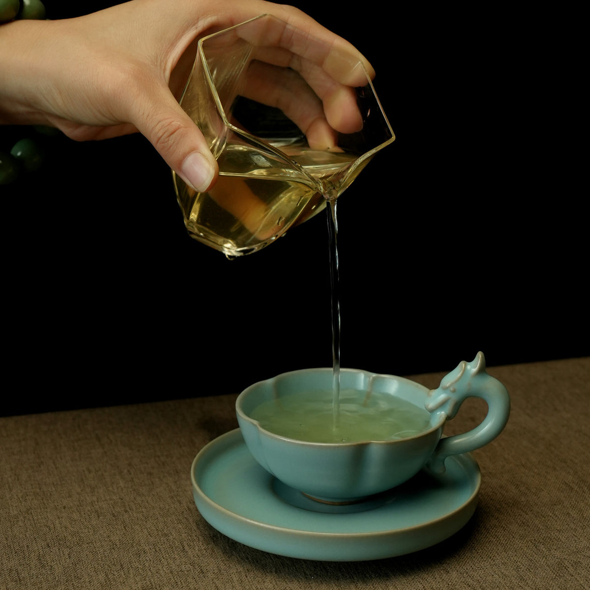 Authentic Song Dynasty style sky-blue Ru porcelain dragon Ruyi tasting cup with saucer   