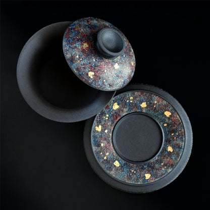 Gift-grade Yixing purple clay gaiwan adorned with natural mineral gold accents, showcasing exceptional craftsmanship and material excellence.