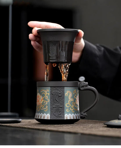 Tasse à thé en argile violette à motif lotus royal + boîte à thé