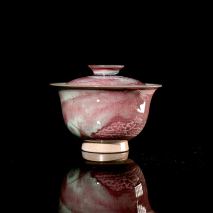 1-of-1 wood-fired 150ml gaiwan with rich crimson and moss-green flame glaze flow