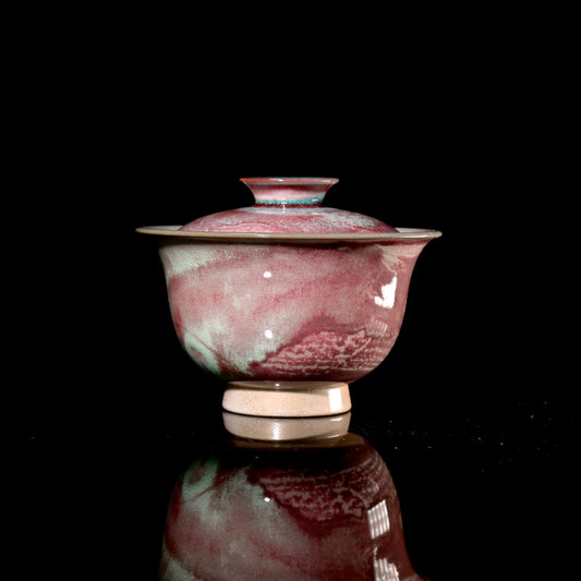 1-of-1 wood-fired 150ml gaiwan with rich crimson and moss-green flame glaze flow