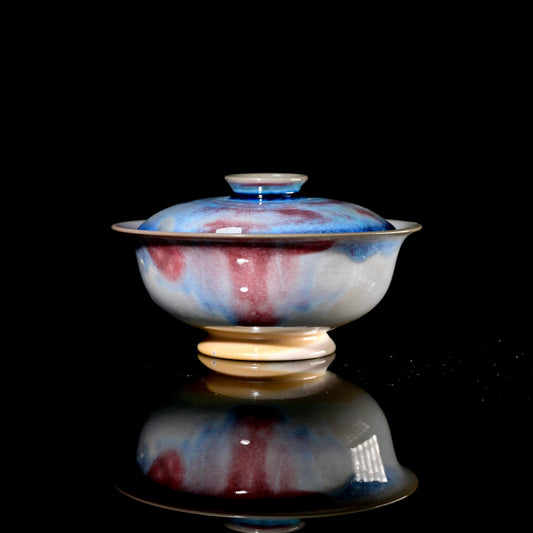 1-of-1 wood-fired 100ml gaiwan with galaxy violet and cobalt blue flame glaze on Yuanbao ingot silhouette