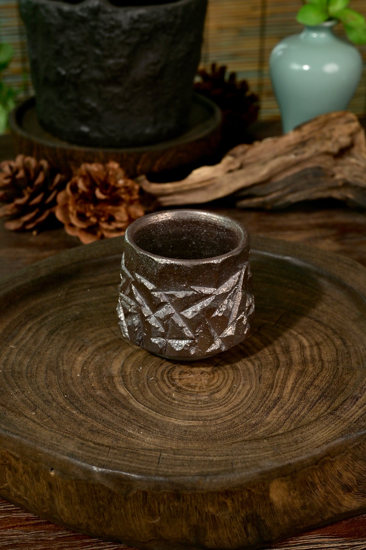 Unique Piece Hand-Carved Faceted Wood-Fired Teacup 120ml