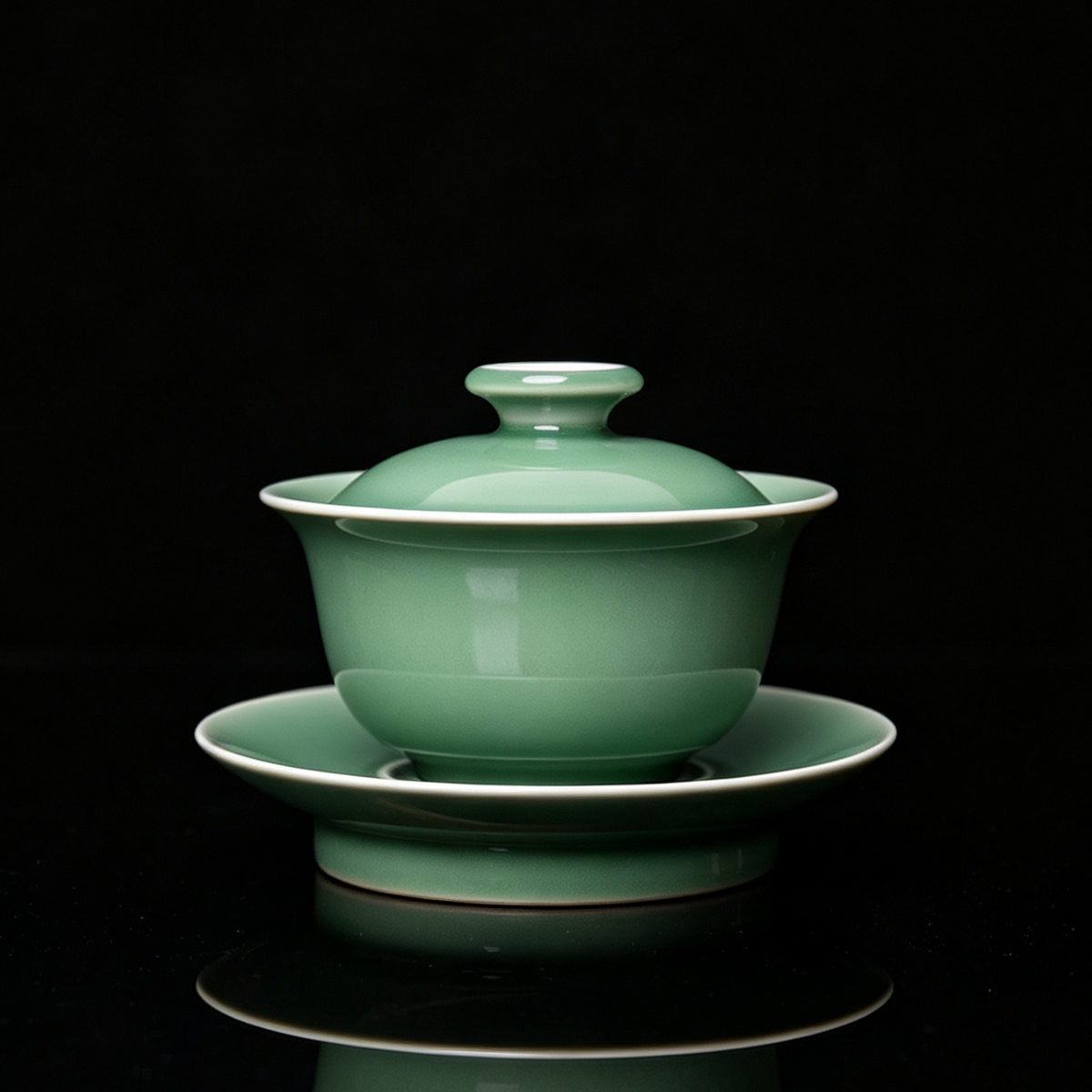 Handcrafted Longquan celadon 150ml gaiwan in deep plum green glaze with white rim accents on rustic wood table