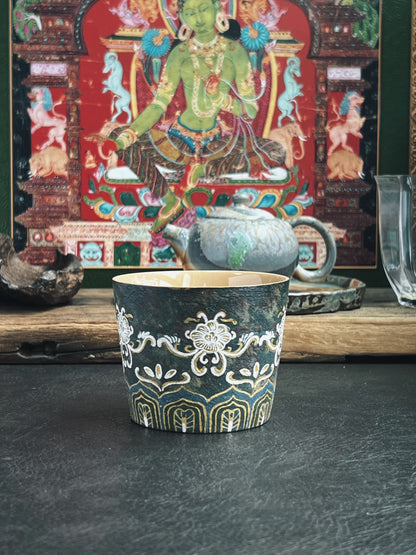 Jingdezhen artisan-crafted cup featuring authentic Dunhuang cave painting motifs with natural mineral pigments, vintage style and multi-purpose large capacity design.