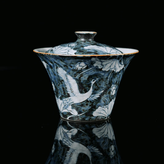 Hand-Painted Kohiki Lotus & Egret Gaiwan