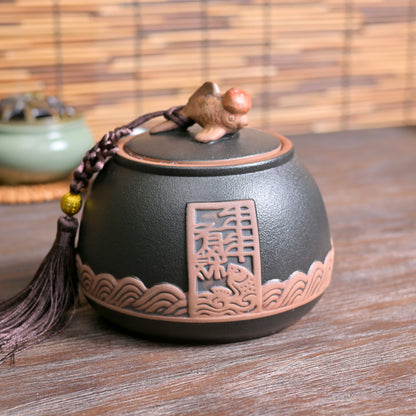 Boîte à thé en céramique grossière rétro de style chinois / Boîte à thé à motif poisson