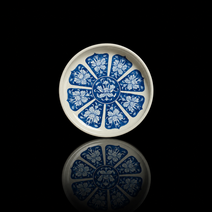 Top-down view of an antique-style blue-and-white tea tray with radiating peony patterns.