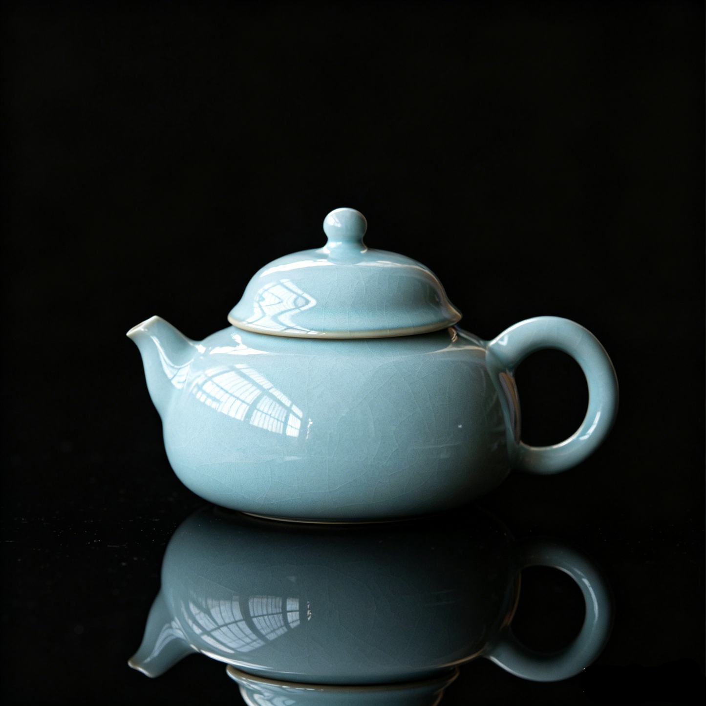Close-up shot of Ruyao celadon glaze showing delicate cicada wing crackle pattern and glossy mutton fat jade texture.
