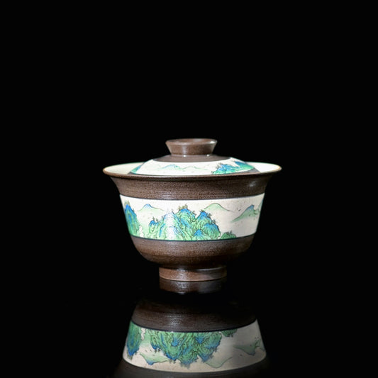 Kohiki gaiwan hand-painted with Wang Ximeng's "A Thousand Li of Rivers and Mountains" in blue-green landscape style