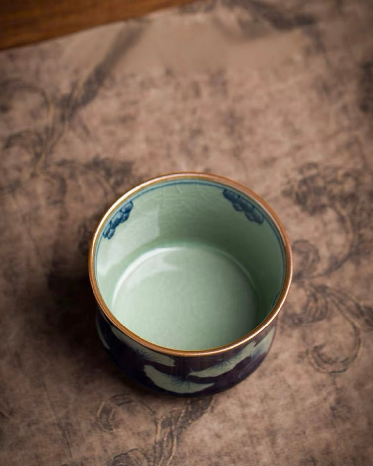 Saanwu Studio collectible Chinese teacup, heritage Jingdezhen craft with ginkgo underglaze art