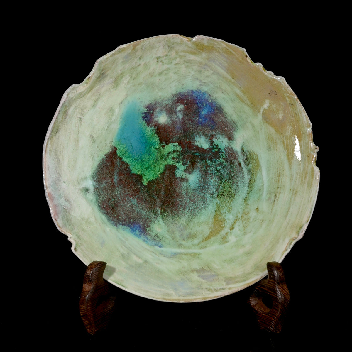 Unique handcrafted soda-fired organic edge tea saucer plate with turquoise and copper red glaze blushing