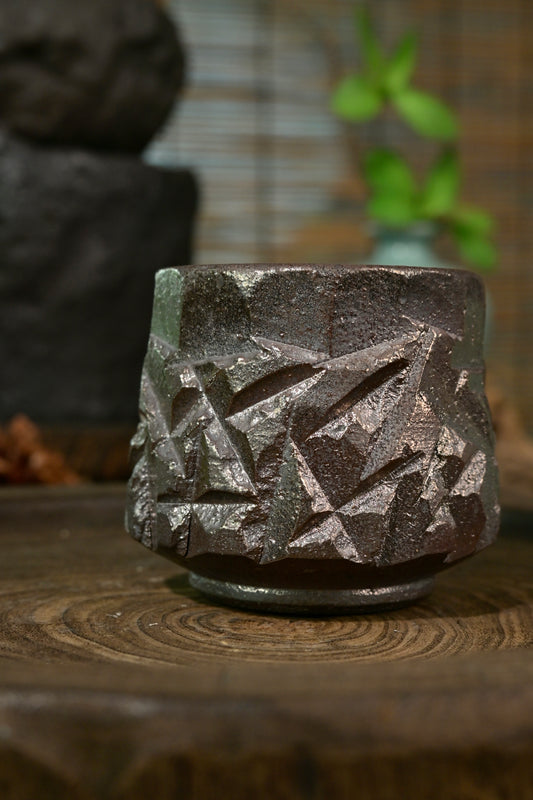 Unique Piece Hand-Carved Faceted Wood-Fired Teacup 120ml