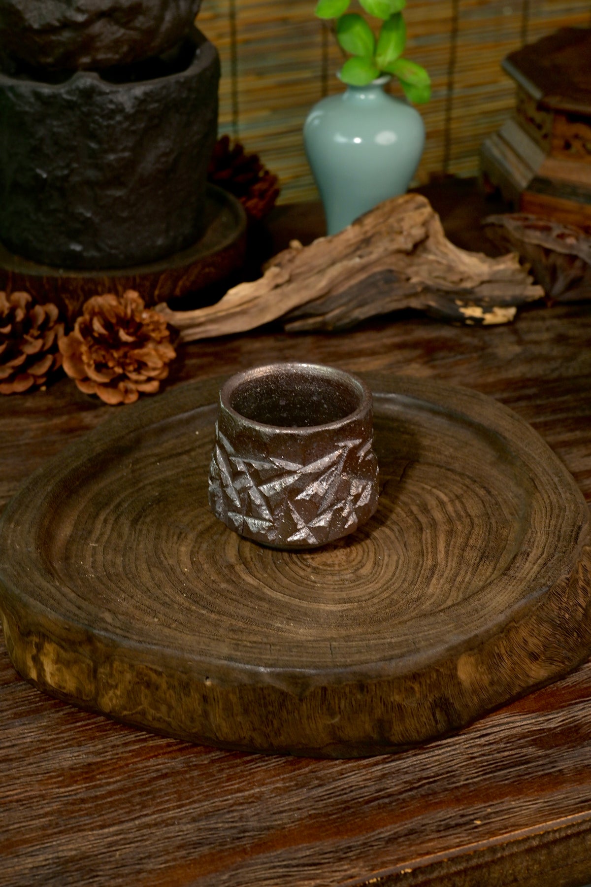 Unique Piece Hand-Carved Faceted Wood-Fired Teacup 120ml