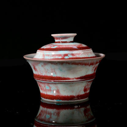 Unique handcrafted wood-fired soda glaze flame-red bamboo-joint Gaiwan on wooden tray