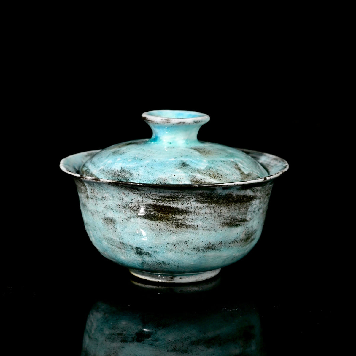 Unique handcrafted wood-fired soda kiln Kohiki blue gaiwan 100ml on rustic tea mat