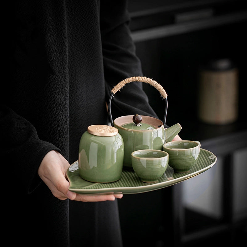 Vintage Celadon Plum Green Tea Set Teapot tea cup and tea tray