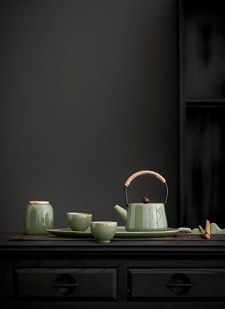 Vintage Celadon Plum Green Tea Set Teapot tea cup and tea tray