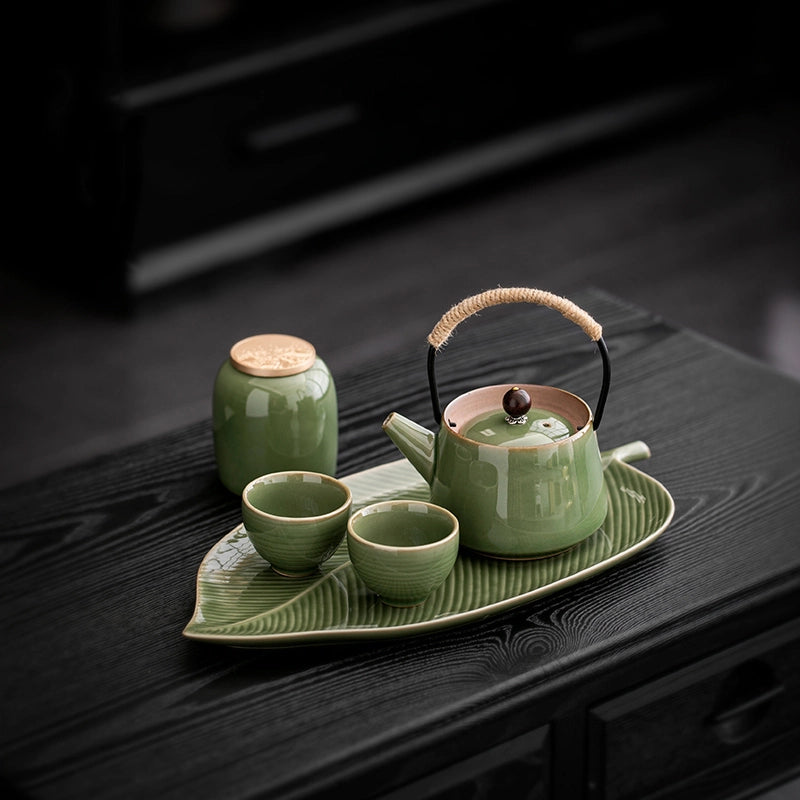 Vintage Celadon Plum Green Tea Set Teapot tea cup and tea tray