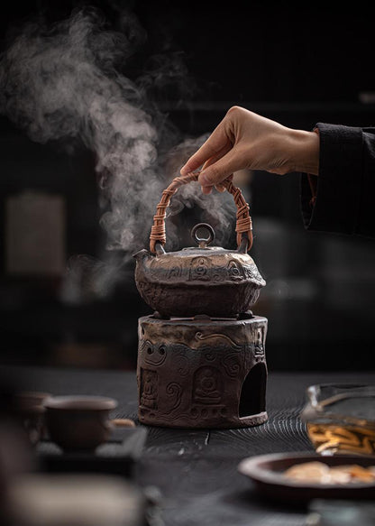 Théière rustique en argile de style Wabi-sabi avec poignée rétro et réchaud à alcool