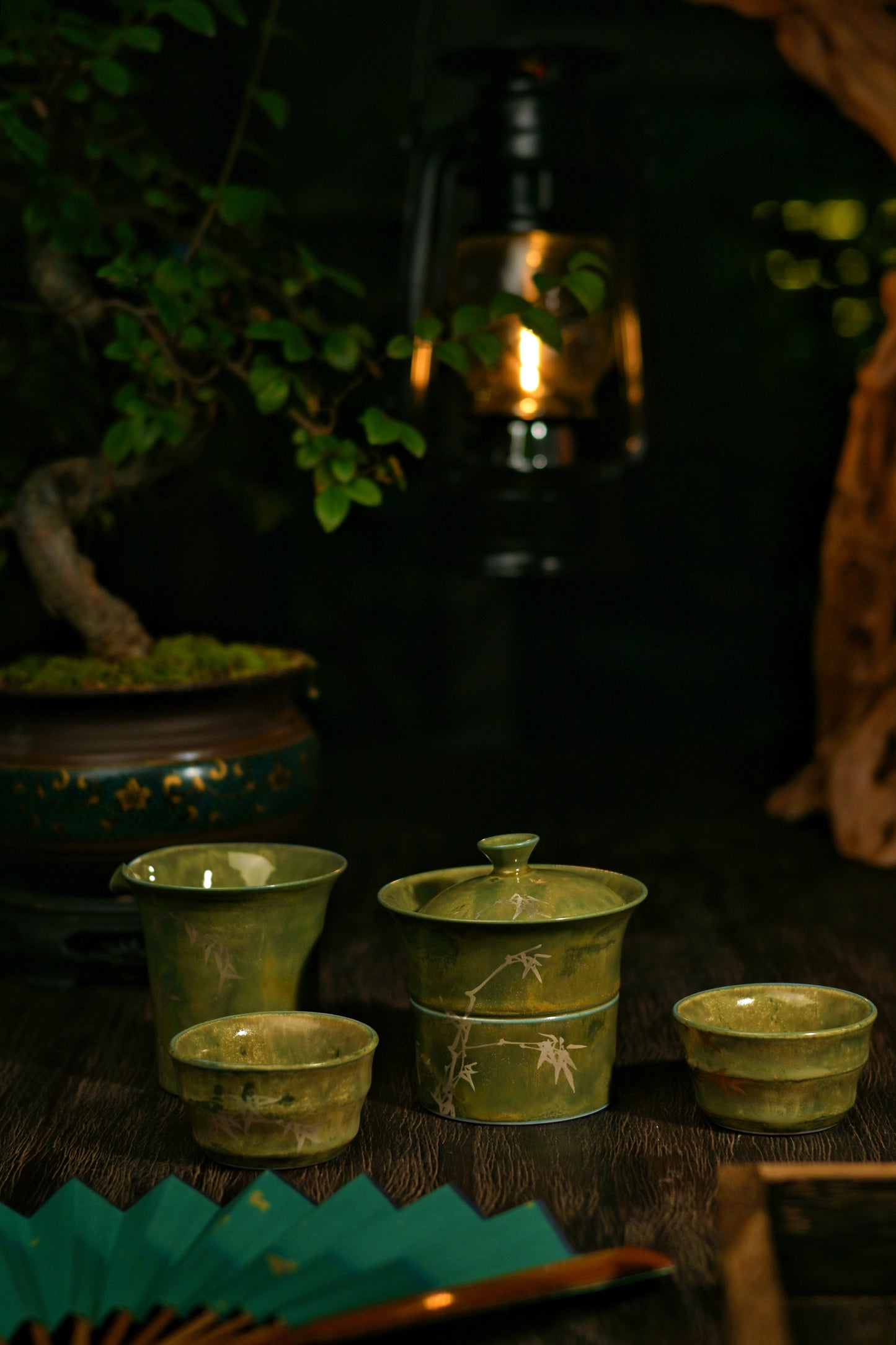 Ru ware bomboo motif celadon glaze and crackled pattern gaiwan set by Saanwu Studio