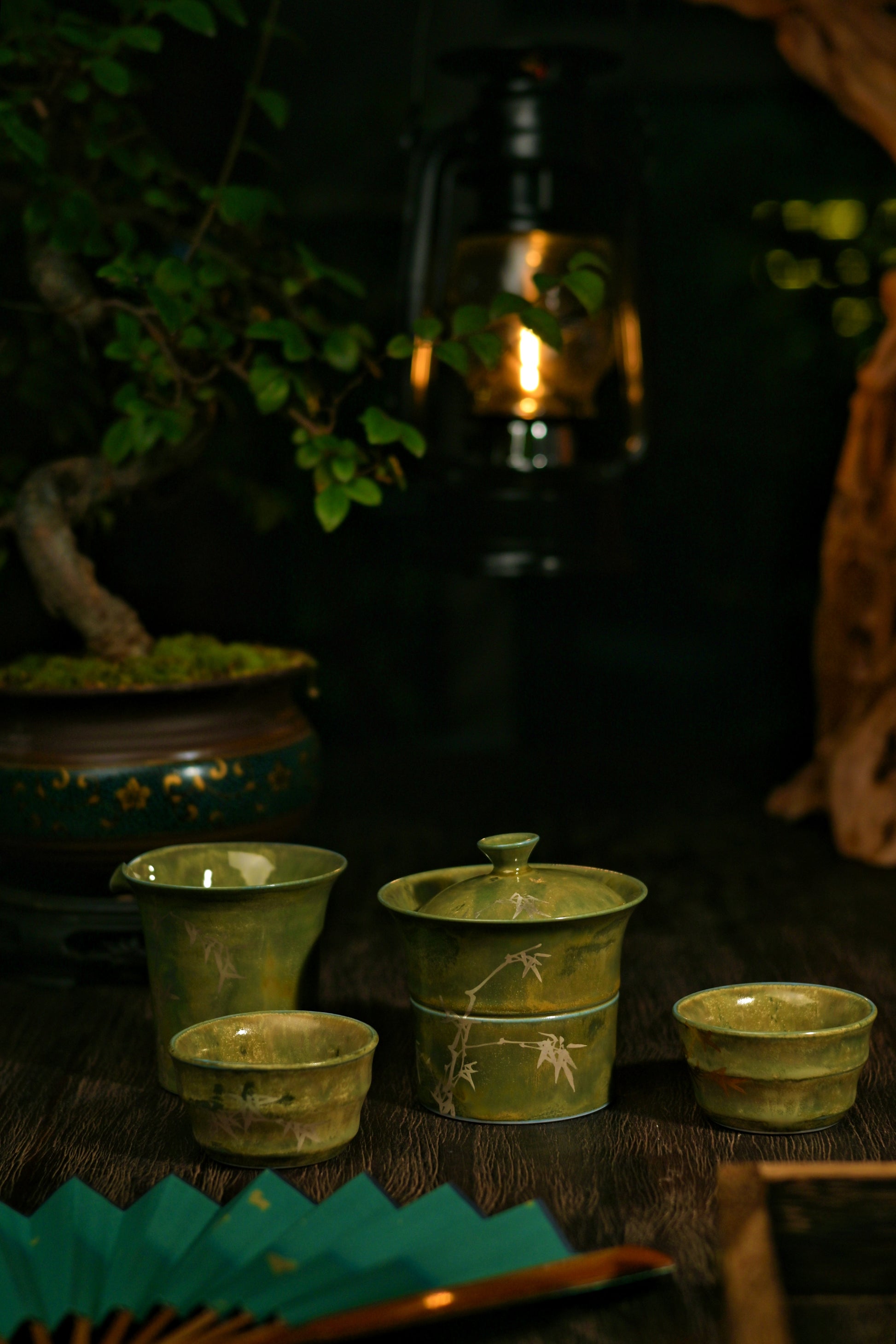 Ru ware bomboo motif celadon glaze and crackled pattern gaiwan set by Saanwu Studio