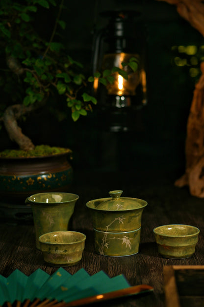 Ru ware bomboo motif celadon glaze and crackled pattern gaiwan set by Saanwu Studio