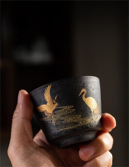 Tasse à thé en céramique vintage fabriquée à la main à Jingdezhen, avec double grue peinte à l'or