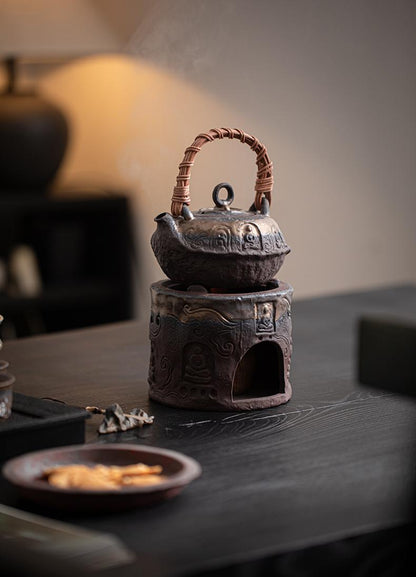 Théière rustique en argile de style Wabi-sabi avec poignée rétro et réchaud à alcool