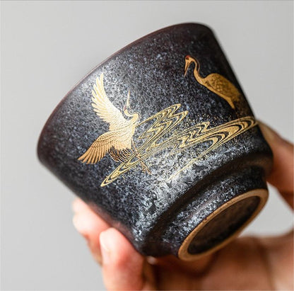 Tasse à thé en céramique vintage fabriquée à la main à Jingdezhen, avec double grue peinte à l'or