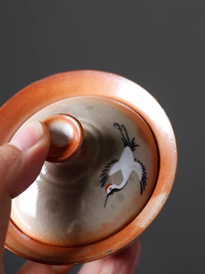 Saanwu tea set handcrafted Chinese three talents gaiwan with hand painted cranes pattern