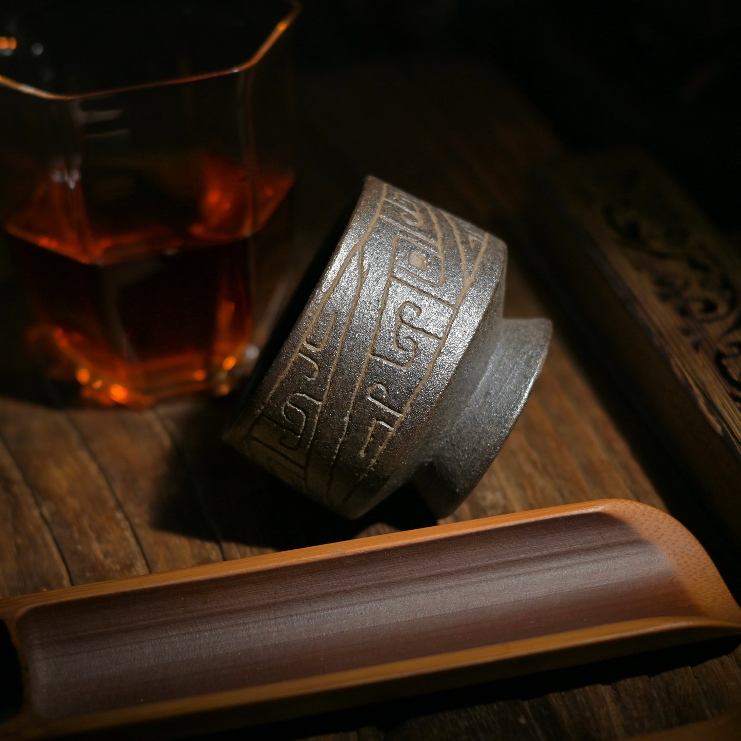 Handcrafted Wood-Fired Coarse Clay Short-Stem Tea Cup with Tribal Patterns