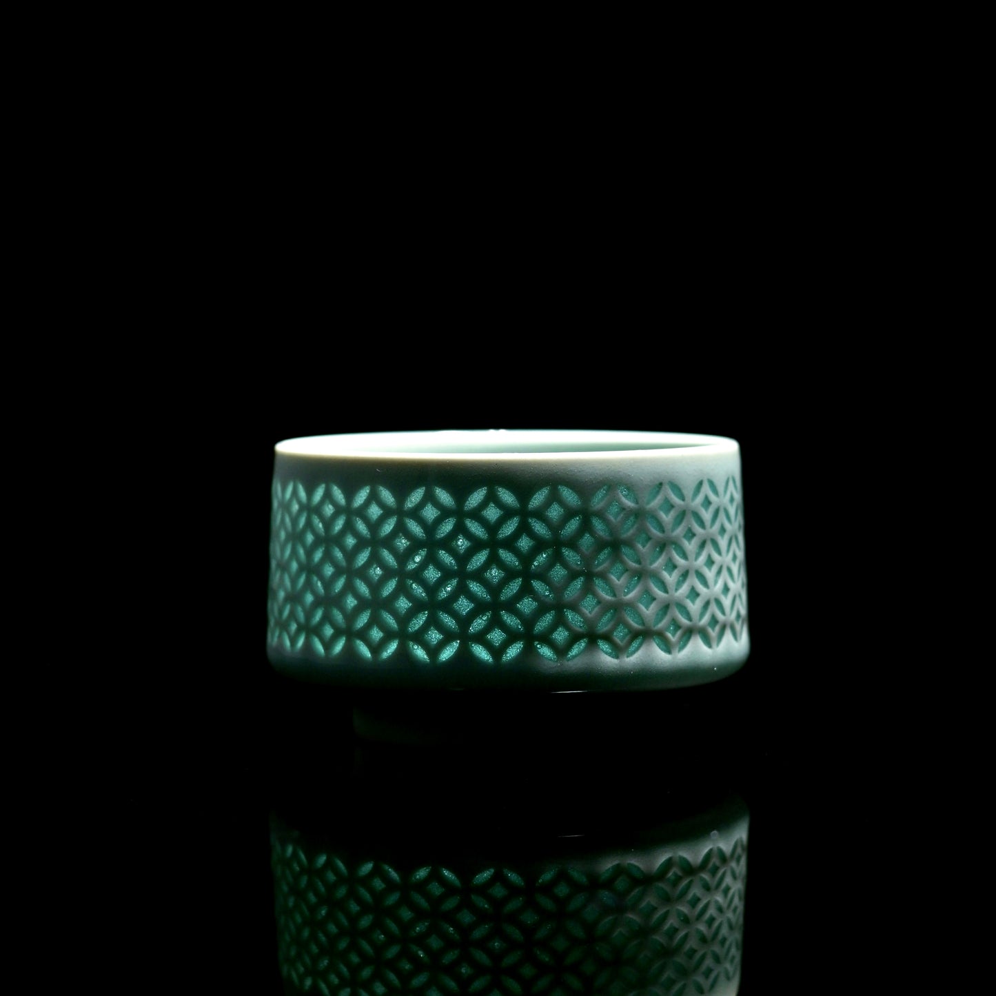 Short wide flat Longquan celadon linglong teacup, jade cyan glaze hollow perforated linglong porcelain for gongfu tea ceremony