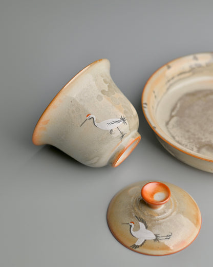 Saanwu handcrafted and hand painted cranes pattern gaiwan set with saucer for tea sessions